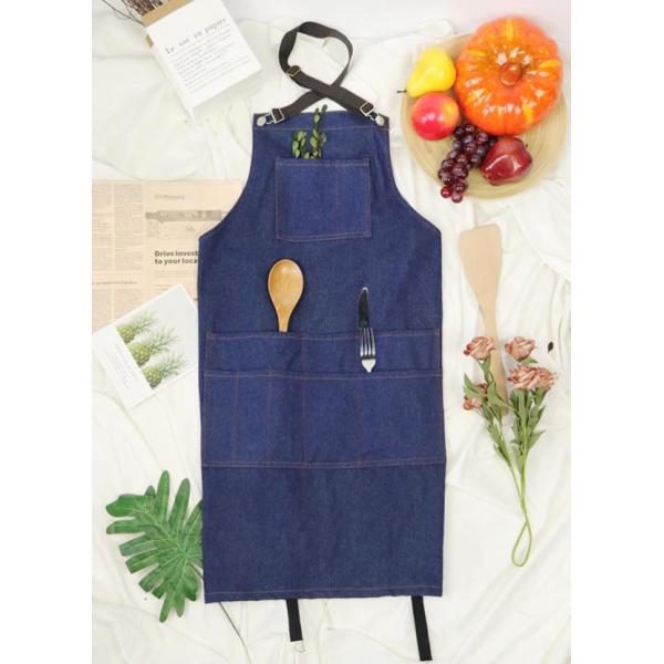 Denim Kitchen Cooking Apron Home Cleaning Apron With Many Pockets Hang-Neck Cotton Webbing Strap