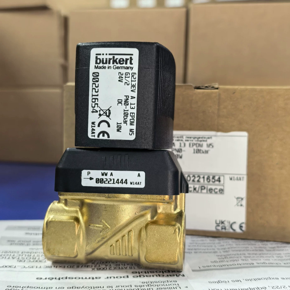 Burkert Type 6213 Solenoid Valve 00221654, G1/2, 2/2 Way Normally Closed, Orifice 13, EPDM Seal,‑30~+90°C, Brass Body, DC24V, 8W, 0‑10bar
