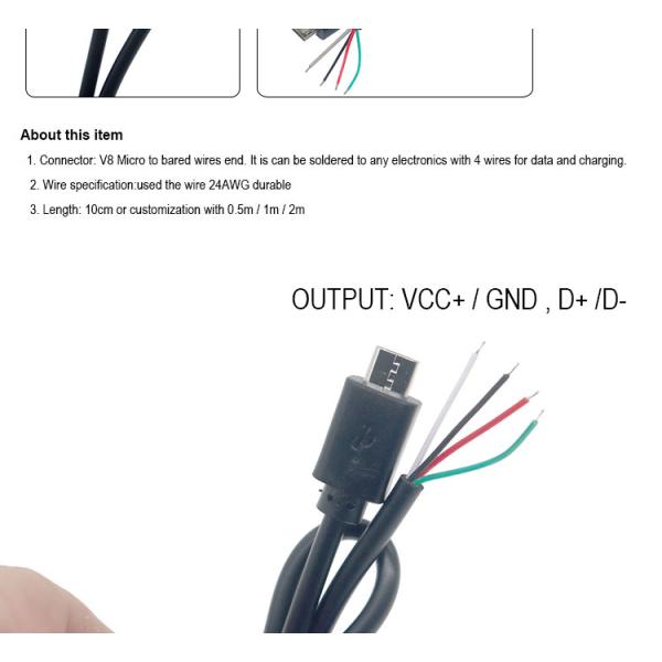 OEM Micro B V8 personalizado 5 pines USB macho para abrir Pigtail cables desnudos
