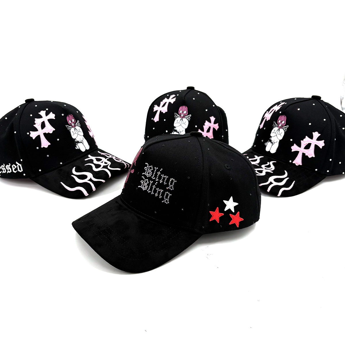 Suede Baseball Hat Satin Lined Embroidered Cotton 5 Panel Brim Rhinestone And Leather Stars