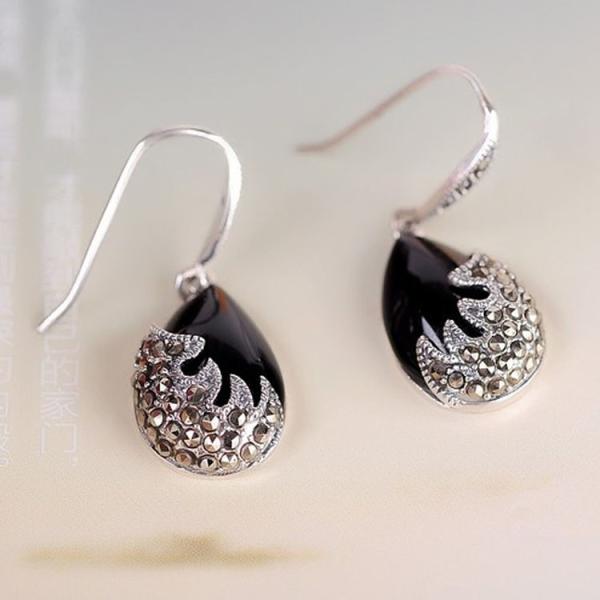 Vintage Sterling Silver Black Onyx with Marcasite Dangle Drop Earrings (E12033BLACK)