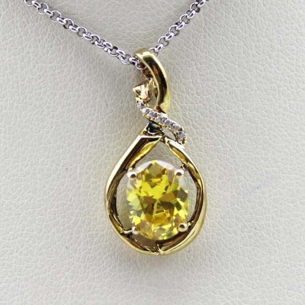 Yellow Gold  Plated Silver Oval Yellow Citrine Cubic Zircon  Pendant (PSJ0410)