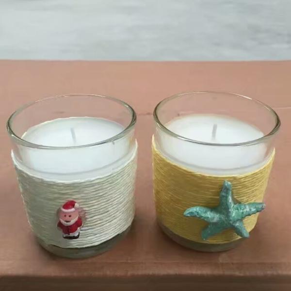 Decor home unscented glass candle with color wrapping rope  and  small ornaments