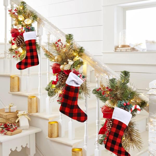Christmas Red Black Buffalo Plaid Stockings Large Plaid Stockings with Plush Cuff Classic Christmas Stockings Decoration