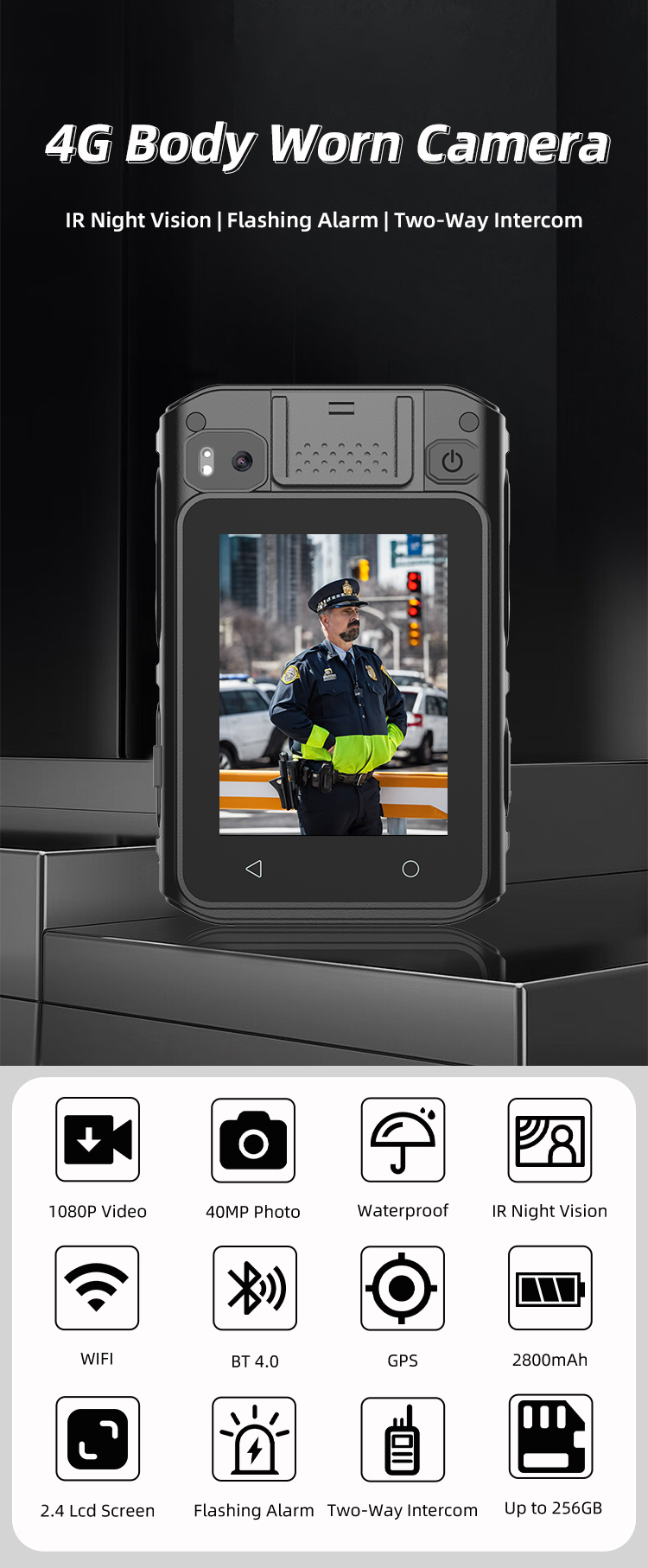 Portable 4G Body Worn Camera HD 1080P 40MP 2.4'' IR Night Vision Waterproof Body Camera With WIFI&GPS&BT Function