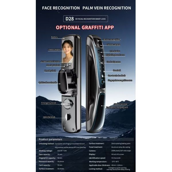 Factory Selling Durable Anti-Theft Smart Fingerprint & WiFi 3D Face Recognition Door Lock with Key