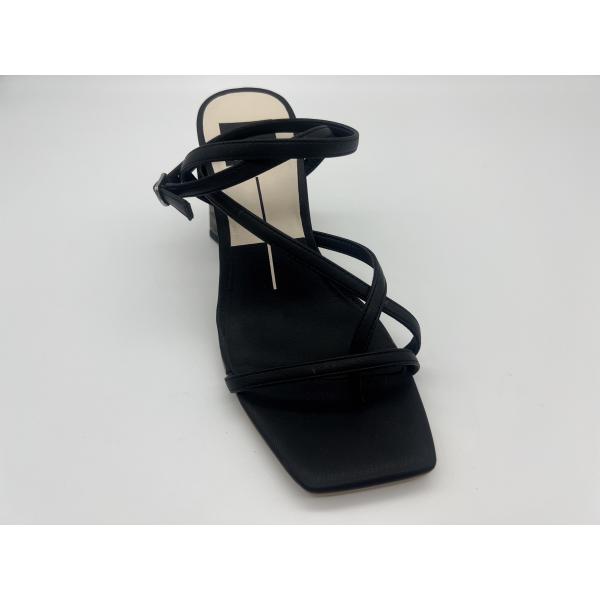 Wide Fit Black Ladies Soft Leather Sandals Summer Square Toe Ankle Strap Heels