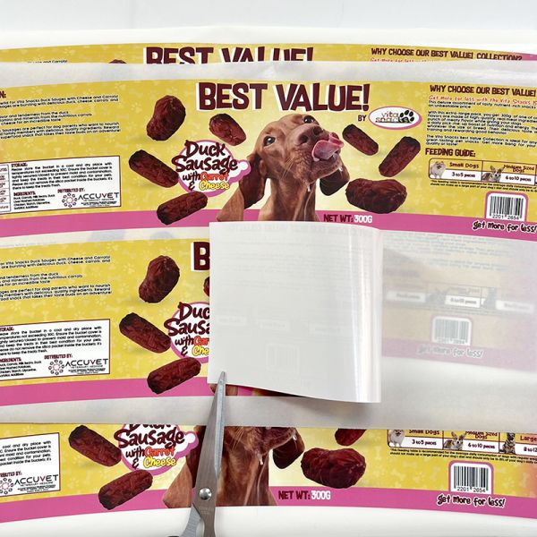 Custom Printing Synthetic Waterproof  Vinyl  Labels Dog Sausage Food Adhesive Packaging Label Sticker 2024