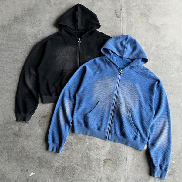 Custom 400gsm Heavyweight Blank Oversized Boxy Fit Zip Up Vintage Sun Faded Acid Wash Waffle Hoodie for Men
