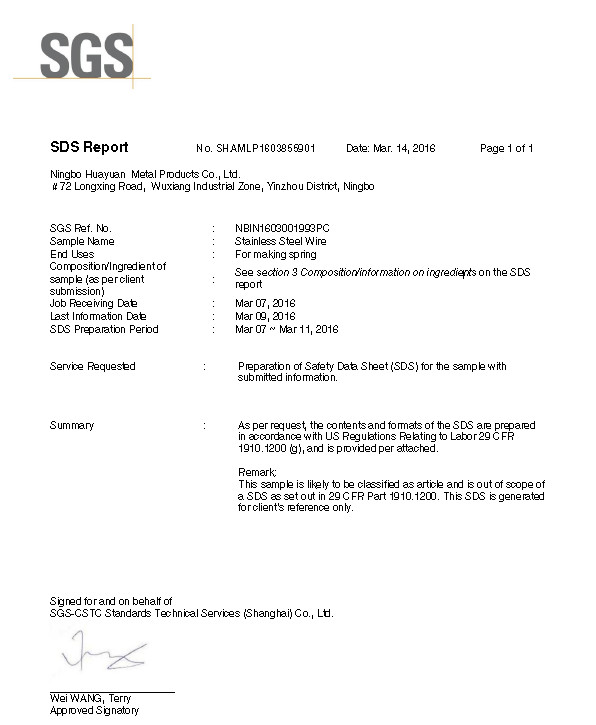 Ningbo Huayuan Metal Products Co., Ltd. Сертификации