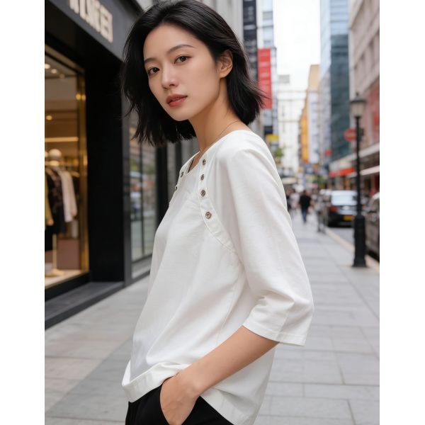 Modern Minimalist White Blouse with Shoulder Button Accents - 3/4 Sleeve for Office & Everyday