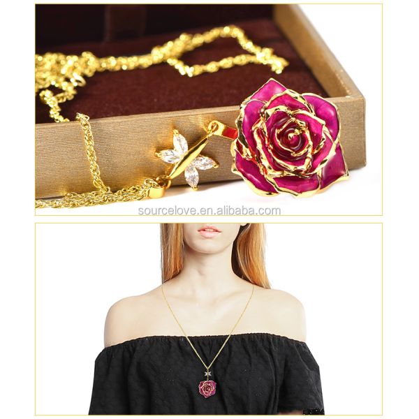 24K Gold Trimmed Rose Necklaced/Gold Plated Natural Rose Necklace Preserved Real Flower  for Mother's Day and Christmas   Gift