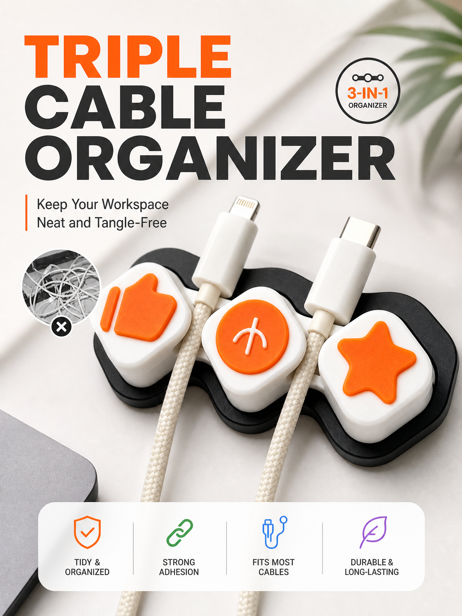 Child Safe 3d Printed Office Accessories Triple Cable Clip Organizer For Desktop