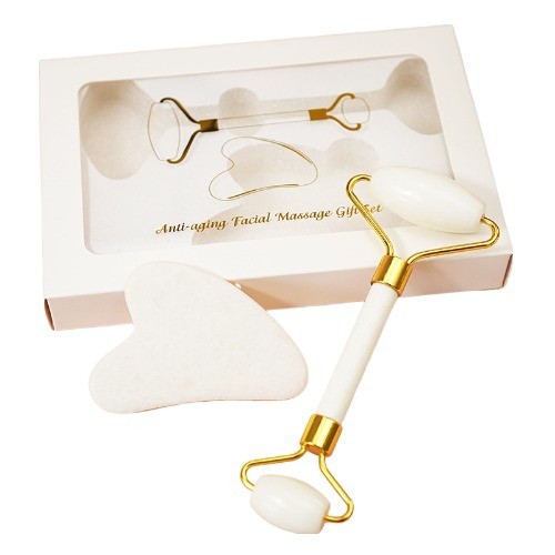 Skin Care Tool Natural White Jade Stone Gua Sha Scraping Board Guasha Face Roller Gift Box Set for Body Muscles Massage