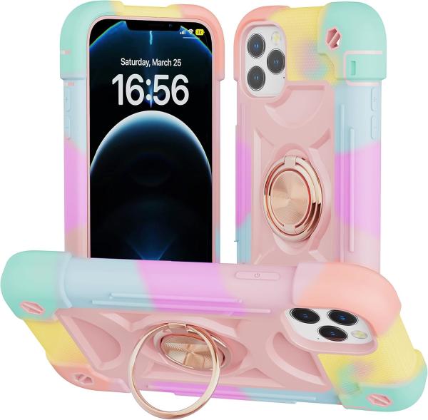 iPhone 12 Pro Max Case 6.7 - Heavy-Duty Shockproof, Ring Stand, Glass Screen & Camera Lens Protector (Rainbow Pink)