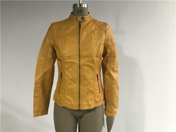 Mandarin Collar  Pu Leather Coat , Mustard Upstyled Pleather Biker Jacket Tw74180