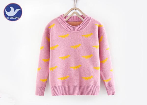 Dinosaur Jacquard Pullover Sweater Girls , Double Layer Crew Neck Knitted Jumper