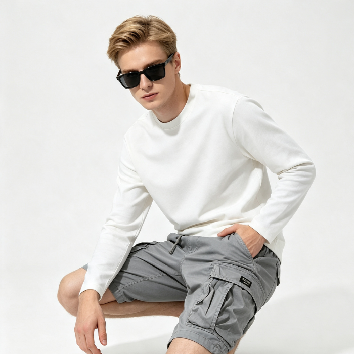 100% Cotton Sports Sweat Shorts Gray , Black , Army Green , Khaki Mens Multi Pocket Cargo Shorts