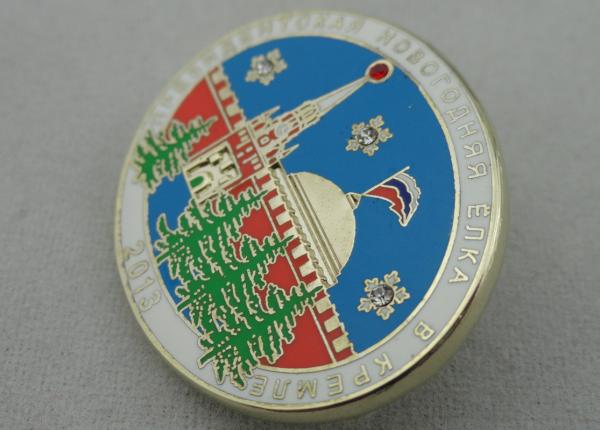 Promotional Gift New Year Lapel Pin with Rhinestone, Zinc Alloy Synthetic Enamel Pin with Gold Plating