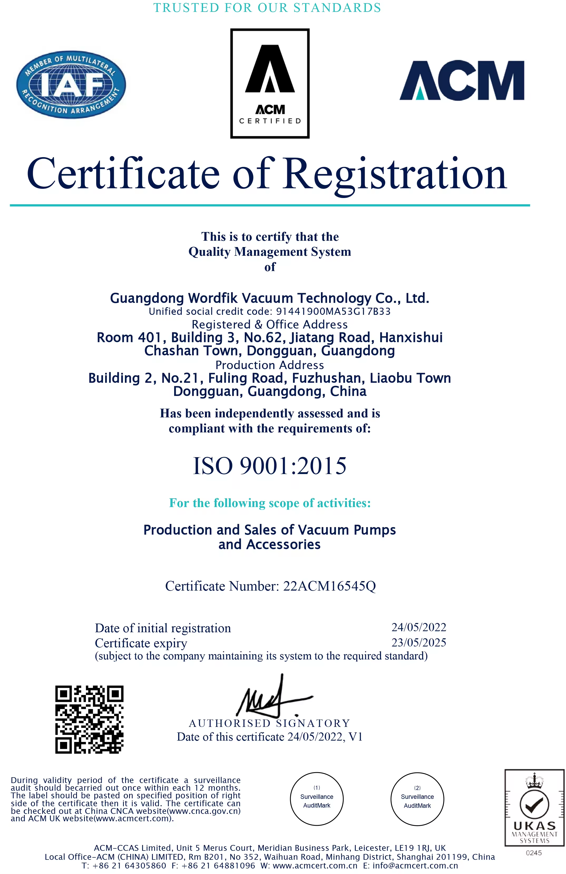 Guangdong Wordfik Vacuum Technology Co., Ltd. Certifications