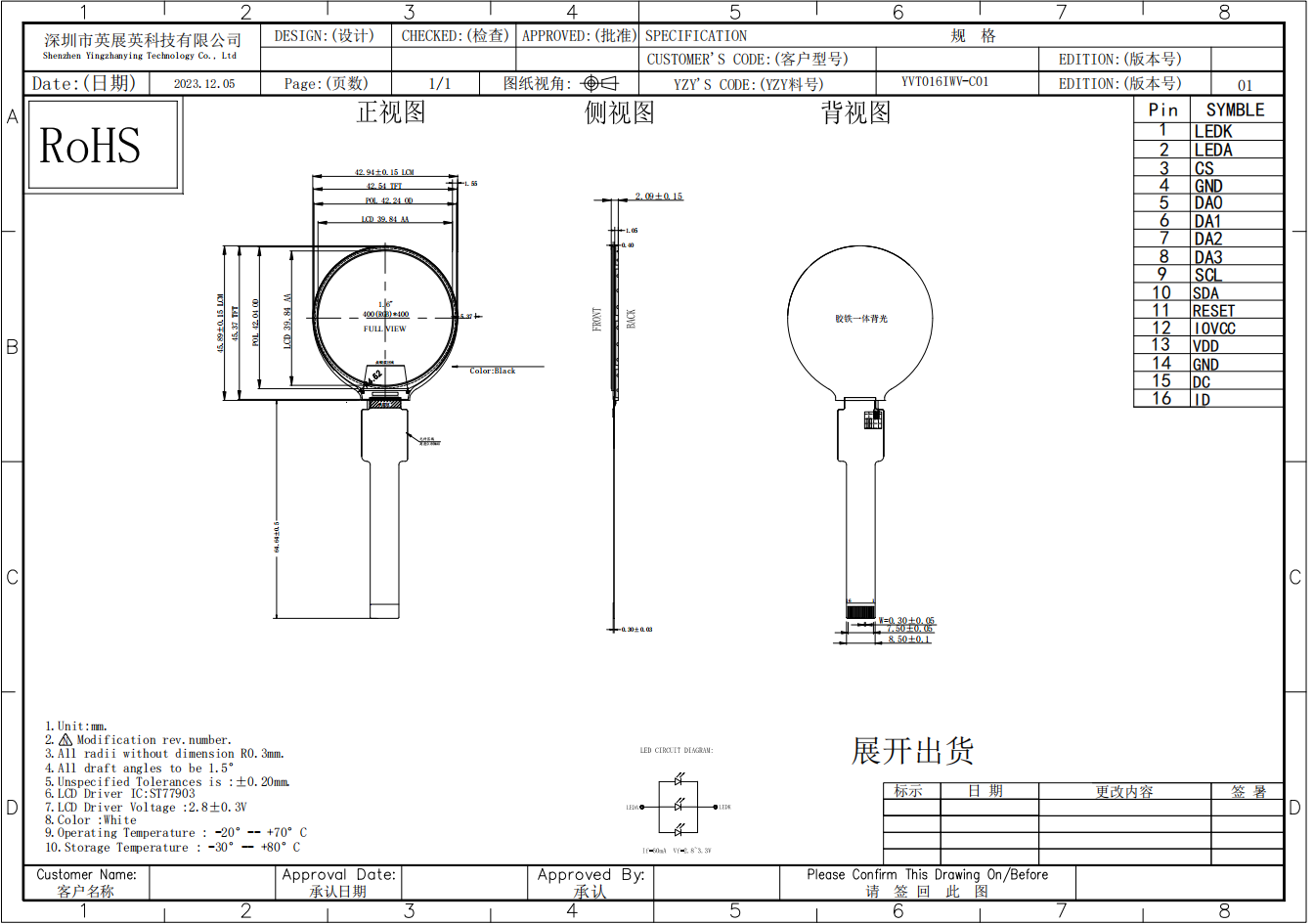 1.6 Inch Round LCD Display 400*400 Resolution Optional Touch QSPI MIPI