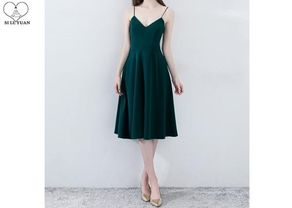 Dark Green Sleeveless Backless Prom Dress Polyester Fabric Back Bow Short Length