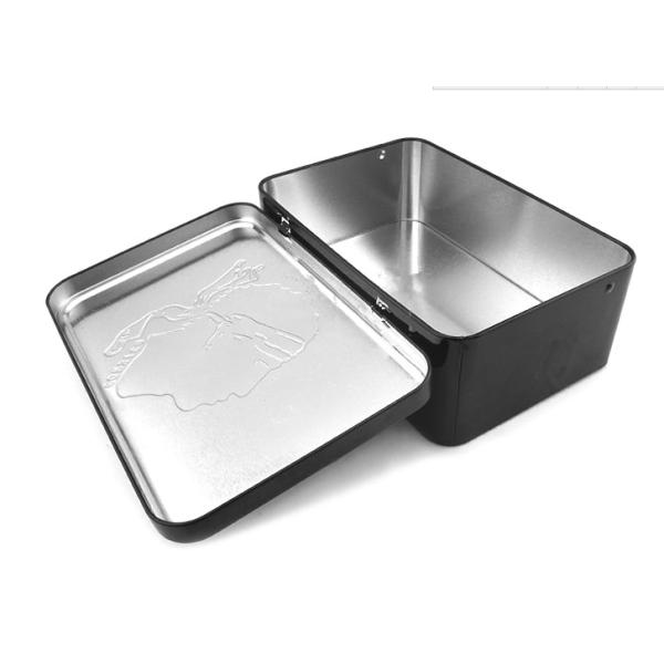 Grande caixa retangular gravada da lata do metal com dobradiça da janela e cópia do logotipo do costume