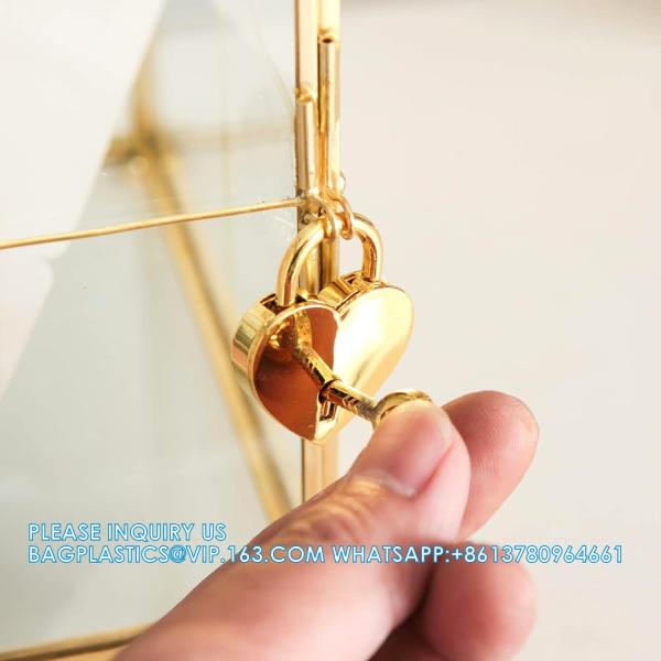 Glass Wedding Card Box with Slot, Large Clear Card Box Gold Brass Gift Card Storage Box with Lock for Wedding