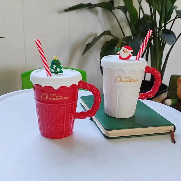 2024 Ceramic Christmas Mug Water Cup With Lid And Straw For Office Home Drinking Mug Children's Gift Design