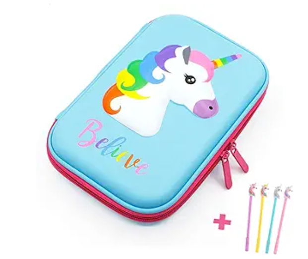 3D Cute EVA Unicorn Pen Pouch Stationery Box Anti-Shock Large Capacity Multi-Compartment for School with 4 unicorn pens ;EVA shell cushions supplies