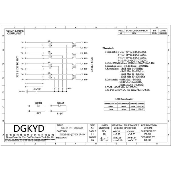 DGKYD311Q070DC2A4DN 25,4 мм разъем сетевого интерфейса один порт гигабитный фильтр встроенный трансформатор 10PIN