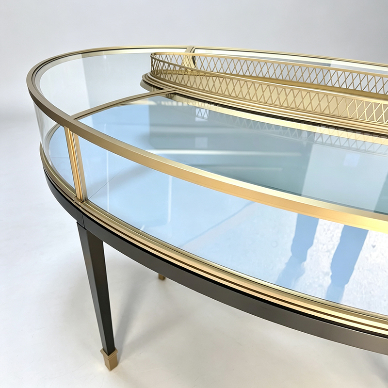 Luxury Round Jewelry Island Counter with Full-Circle Bent Tempered-Glass and Brushed Gold Metal Frame Featuring Built-In LED Lighting