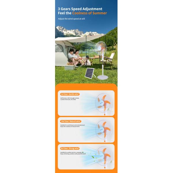 16 Inches Solar Standing Fan 15W Energy-saving Solar Powered Fan Rechargeable