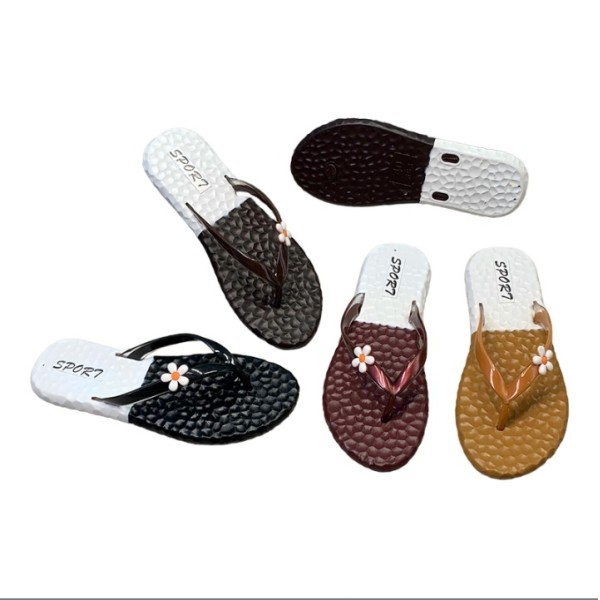 PVC Women Sporty Thongs With Daisy Charm And Pebble Texture Two-tone Sole