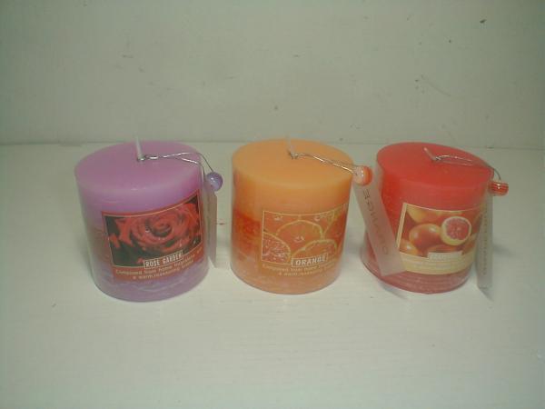 3x3 Purple,orange & red  scented pillar assorted candle packed by pvc sheet and printed label