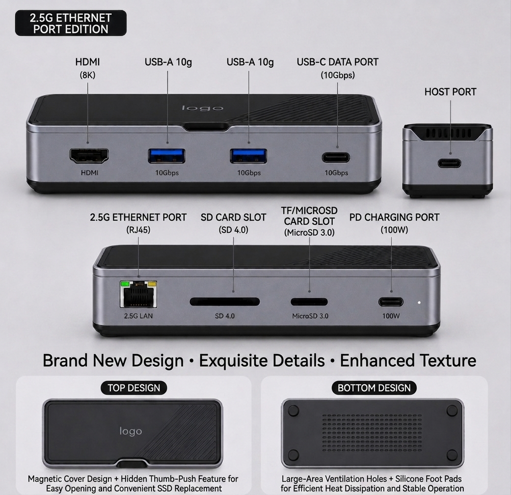 Compact USB C Multiport Hub Portable 8 In 1 USB C Hub 40Gbps For Laptop