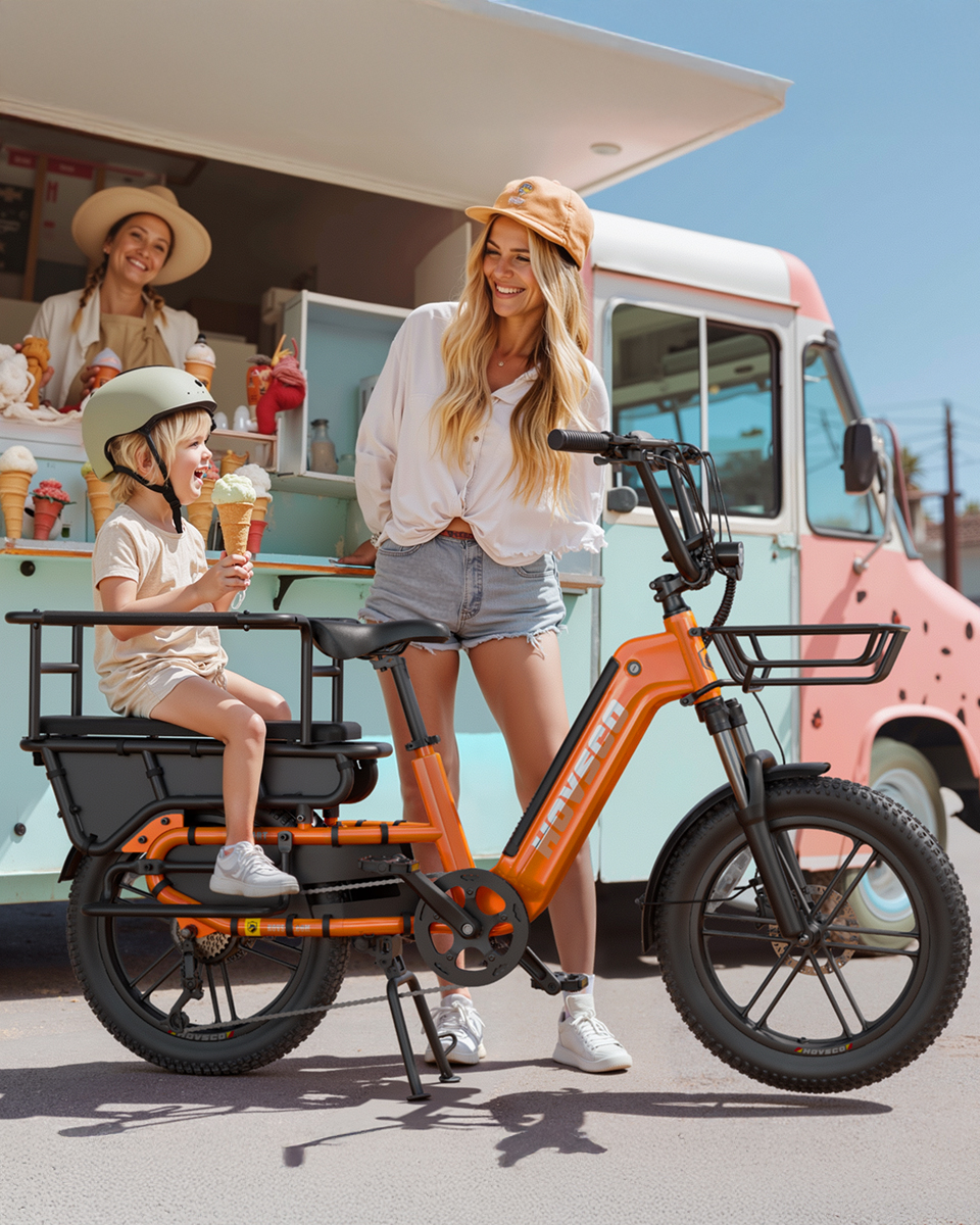 German Warehouse HovCart EU/US/AU Stock Electric City Cargo Bike for Two Children with Protection Seat Torque Sensor Fat Tire