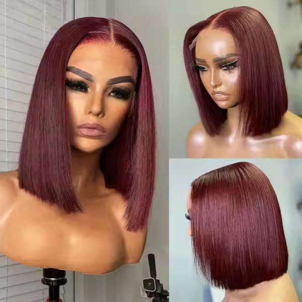 99J Short Bob Straight Human Hair Lace Closure Wig Transparent 13X4 Lace Frontal Wig