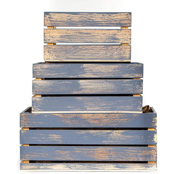 Set of 3 Small Mini Wood Storage Crates with Handles Rustic Finish Printing Burned