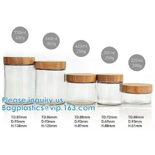 Storage Jar Container With Bamboo Wood Lid, SQUARE Glass Jars, Round Cosmetic Concentrate Jars