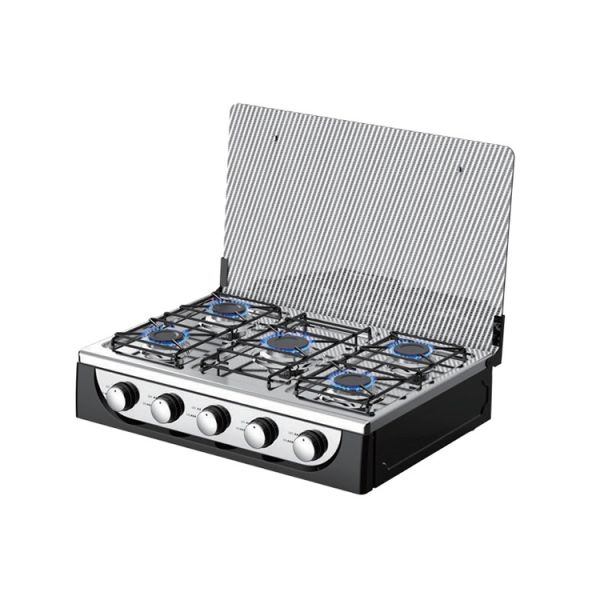 Cuisinière à gaz 5 brûleurs en verre et acier inoxydable, butane, résistante à la corrosion