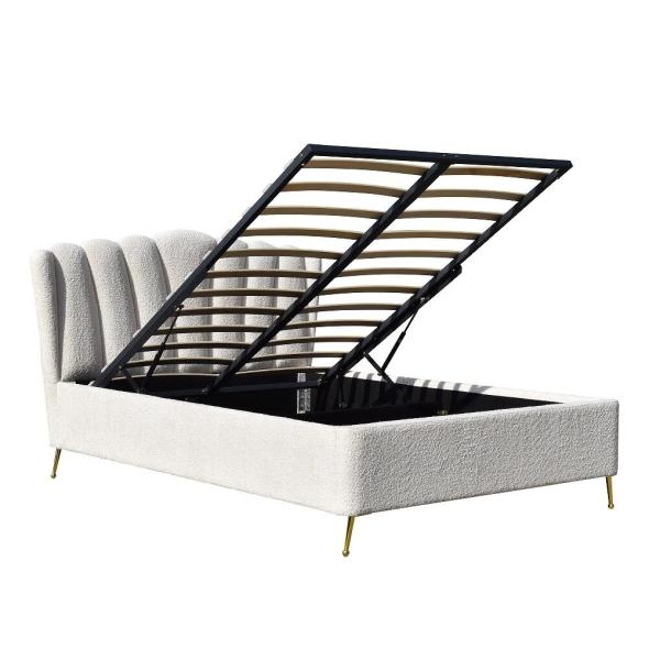 White Boucle Fabric Gas Lift Storage Bed With Four Metal Strong Feet