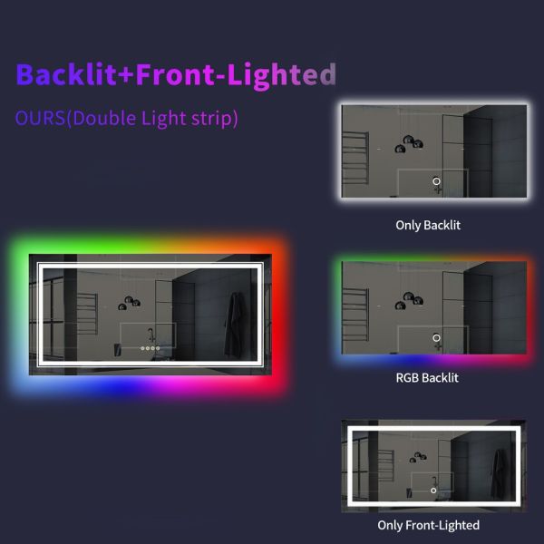 Modern Luxury Frameless LED Backlit Bathroom Anti-Fog Rectangular Touch Screen RGB Color Changing Feature IP44 Rated for Hotels