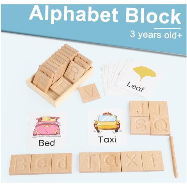 Wood Montessori Learning Toy Spelling Words Alphabet Puzzle Matching Words