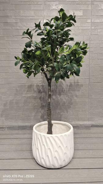 Curved Flowing Ocean Breeze Pattern White Round Fiber Clay Planter Garden Landscaping