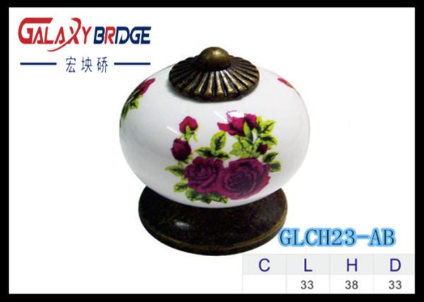 Diameter 33mm Round Ceramic Wardrobe Door Knobs Gold Plated Rose Pattern Porcelain Furniture Handles