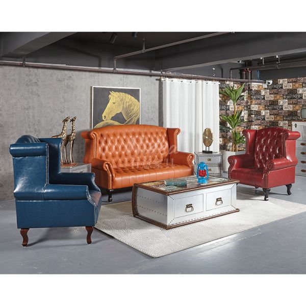 Luxury Vibrant Orange Leather Chesterfield Wingback 3 Seater Sofa All-over Tufted Sponge-Filled Set for Modern Boutique Hotel