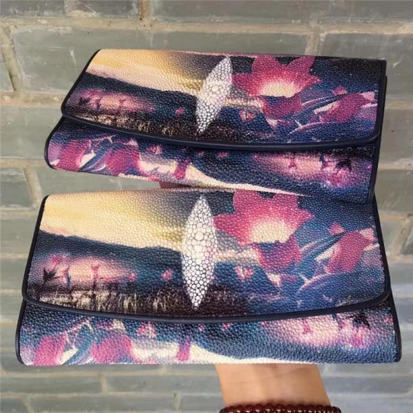 Authentic Exotic Stingray Skin  Women's Long Wallet Genuine Leather Lady Floral Clutch Purse Female Large Card Holders