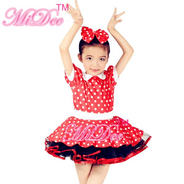 Short Bobble Sleeves Red Hem Polka Dots Tutu Dress Kids Dance Clothes