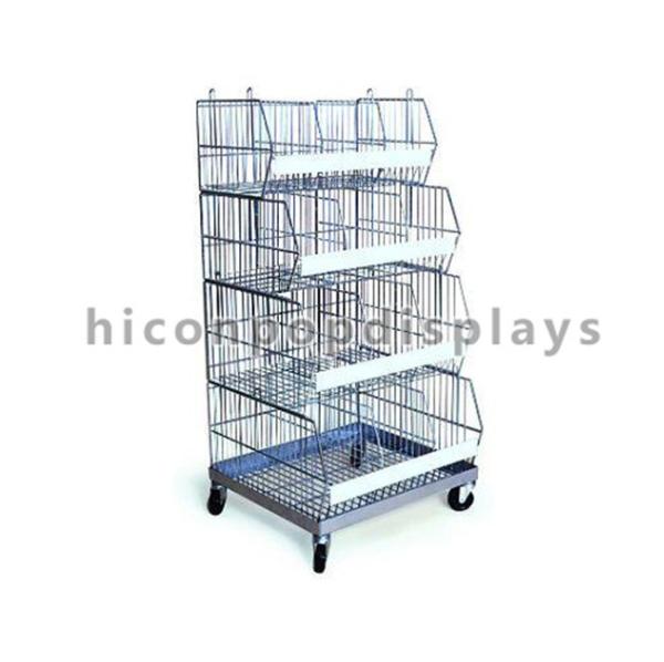 Movable Retail Store Fixtures Freestanding 4 Layer Silver Metal Snack Display Stand
